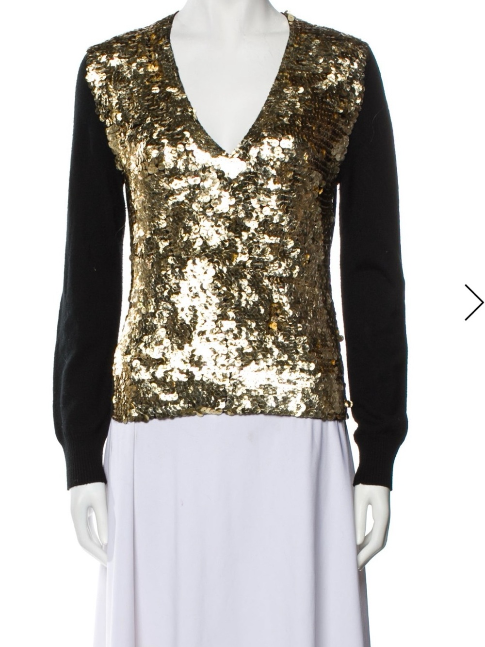 RED Valentino Gold Sequin V-Neck Sweater with Black Sleeves